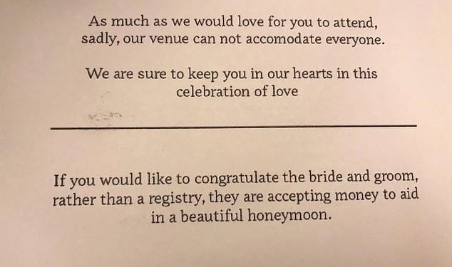 Couple branded 'shameless' for urging people NOT invited to their wedding to send cash for honeymoon Couple branded ‘shameless’ for urging people NOT invited to their wedding to send cash for honeymoon